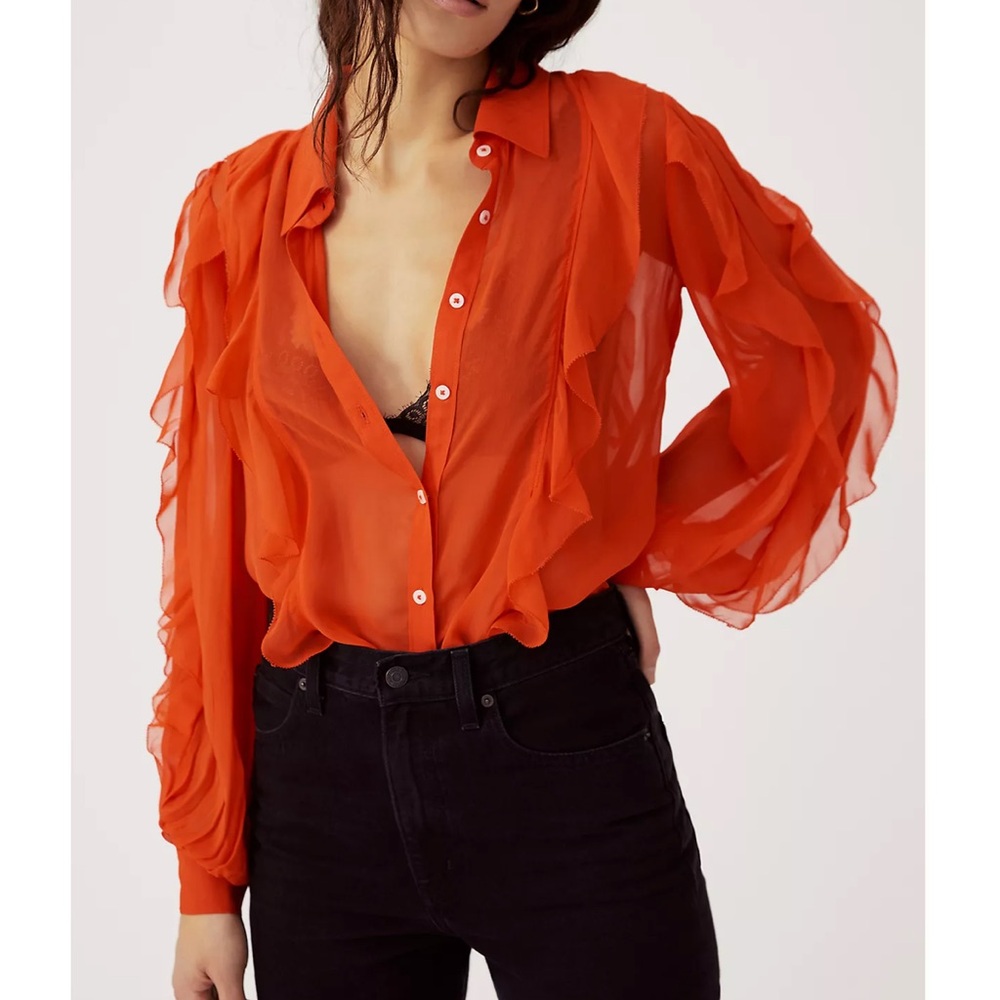 Maeve Anthropologie Orange Sheer Ruffle Long Sleeve Blouse Size S